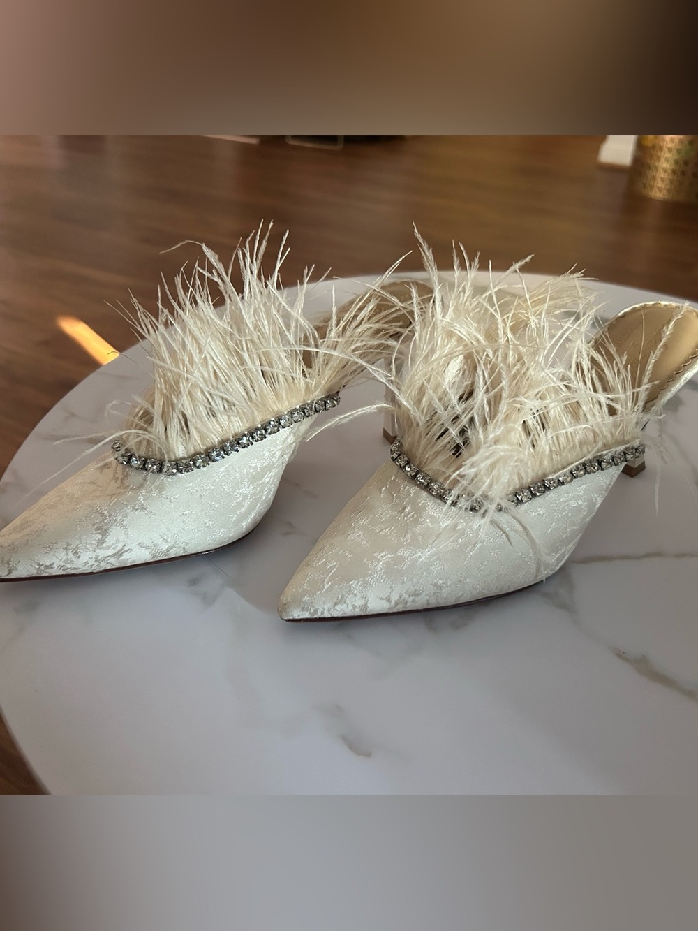 Nicola Bathie Ivory Satin Feather Trim Rhinestone Mules